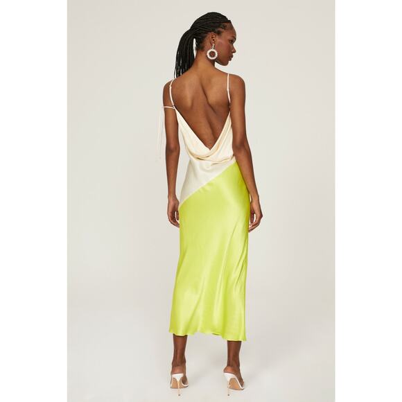 SAN SLOANE White Lime Green Satin Slip Style Cowl Neck Dress Size Small - Picture 2 of 14